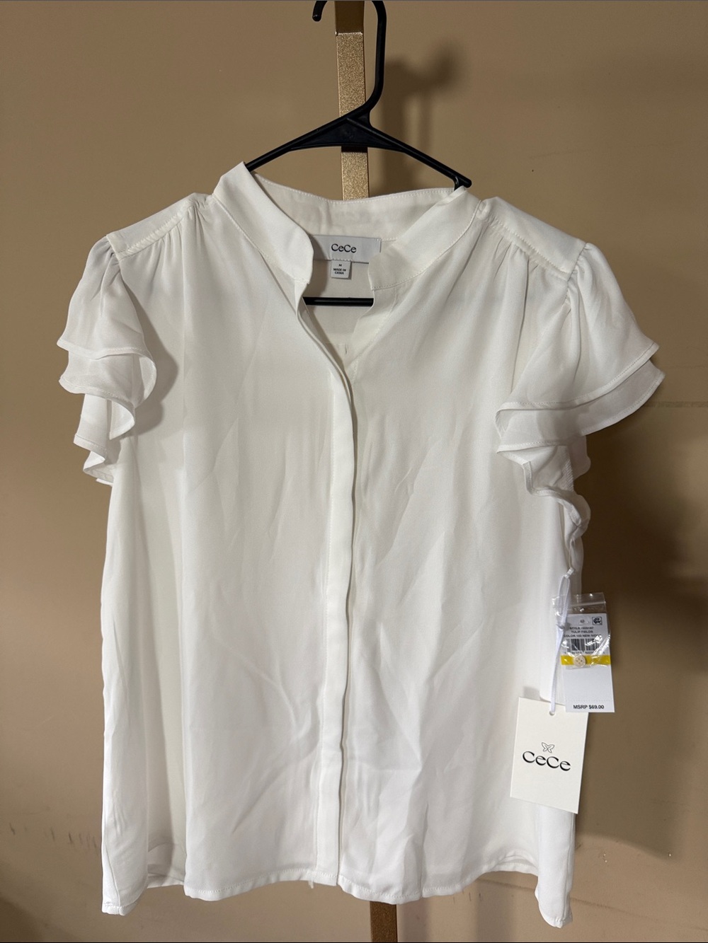 CeCe Cream Flutter Sleeve Button-Front Blouse